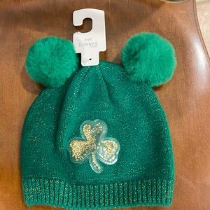 Girls Hat Shamrock Glitter Green Pom Pom Hat-ages 3-6